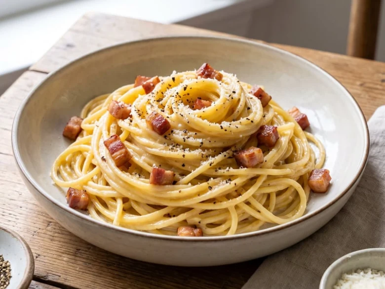 Miska se špagetami carbonara s kousky vepřového.