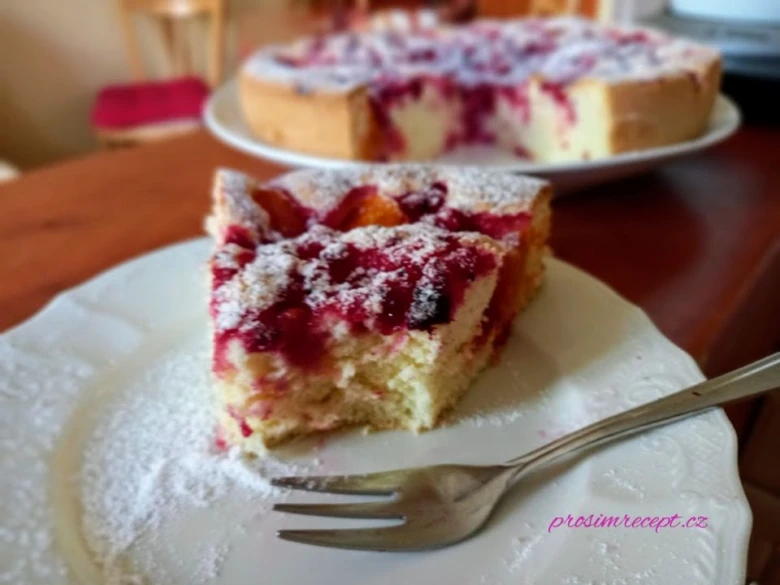 Kousek bublaniny s ovocem posypaný cukrem na talíři.