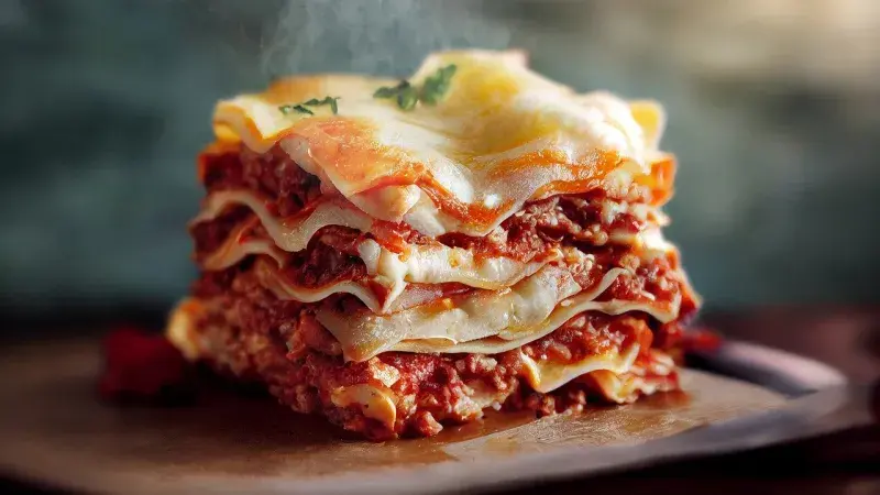 Kousek italské boloňské lasagne s masovou omáčkou a sýrem.