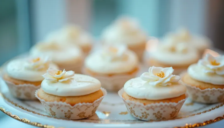 Bílé muffiny s květinami na talíři pro svatební cukroví.