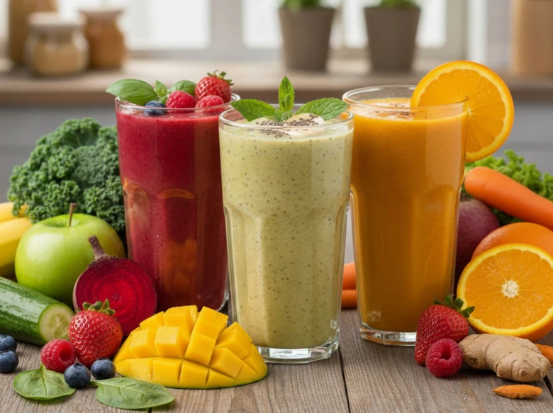 Tři barevné smoothie z ovoce a zeleniny s čerstvými ingrediencemi.