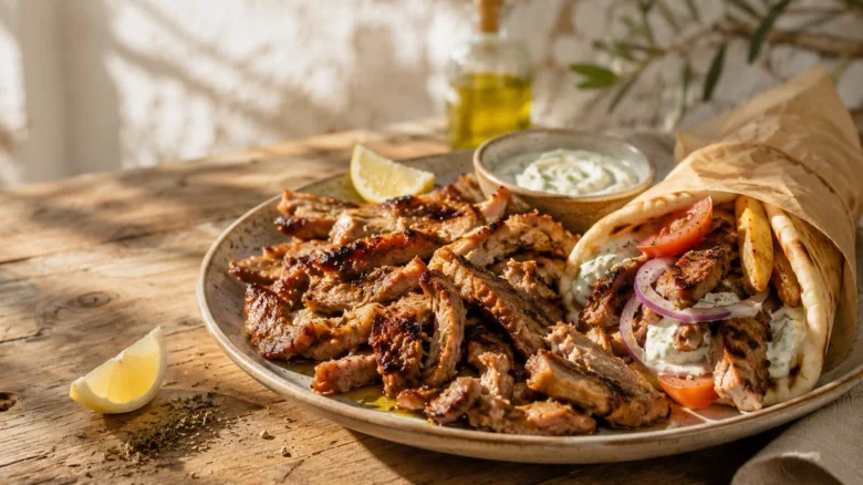 Přesýpané grilované maso na talíři s gyros omáčkou.