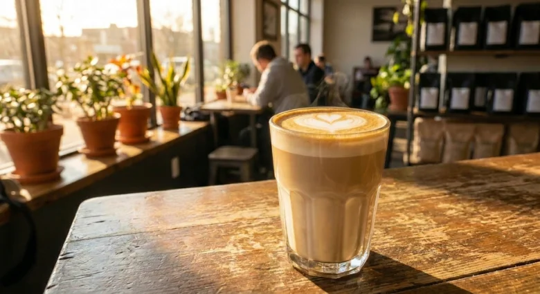 Latte s srdcem z pěny na dřevěném stole v kavárně.