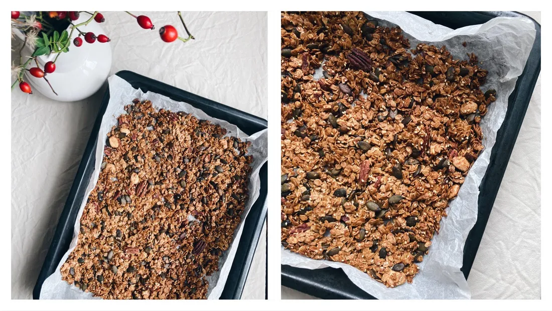 Domácí granola na plechu s ořechy a semínky po upečení.