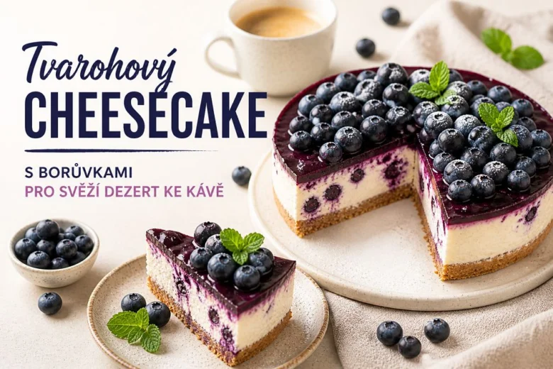 Celý borůvkový cheesecake s kouskem na talíři vedle šálku kávy.