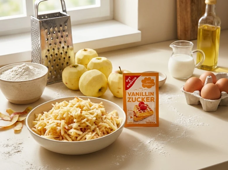 Ingredience na jablečný koláč: jablka, mouka, vejce a cukr.