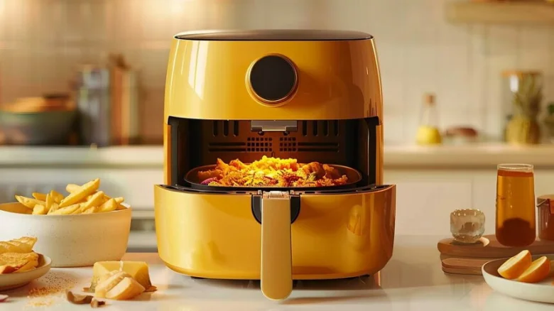 Yellow air fryer with food inside