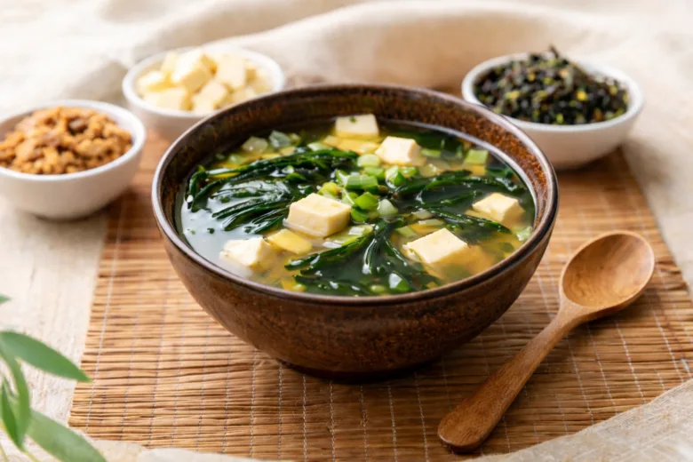 Miso polévka s tofuem a zeleninou v hluboké misce.