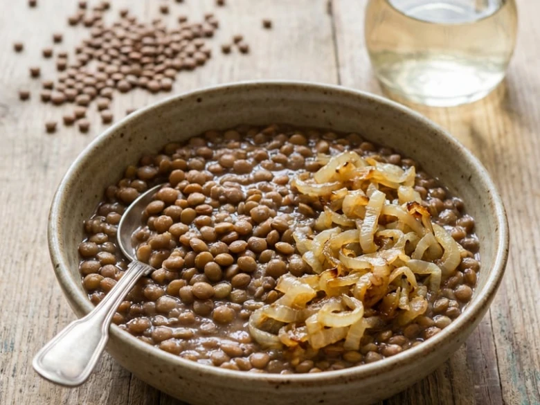 Hot lentil soup with fried onions on wooden table.