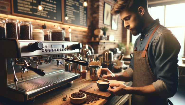 Barista nalévá mléko do šálku s kávou u profesionálního přístroje.
