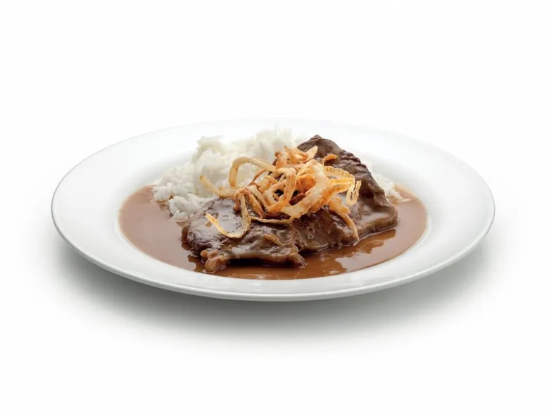 Beef steak with gravy and rice