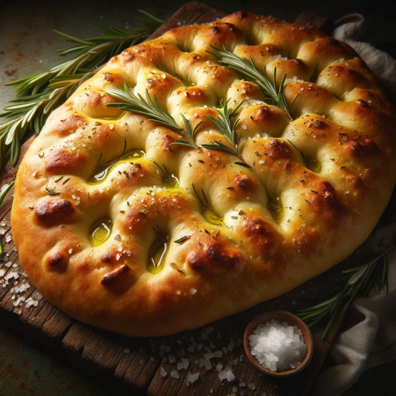 Zlatá focaccia s rozmarýnem, solí a olivovým olejem na dřevěném podnosu.