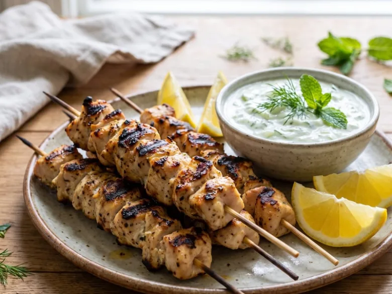 Grilované kuřecí špeky s dresinkem tzatziki a citronovými kousky na talíři.