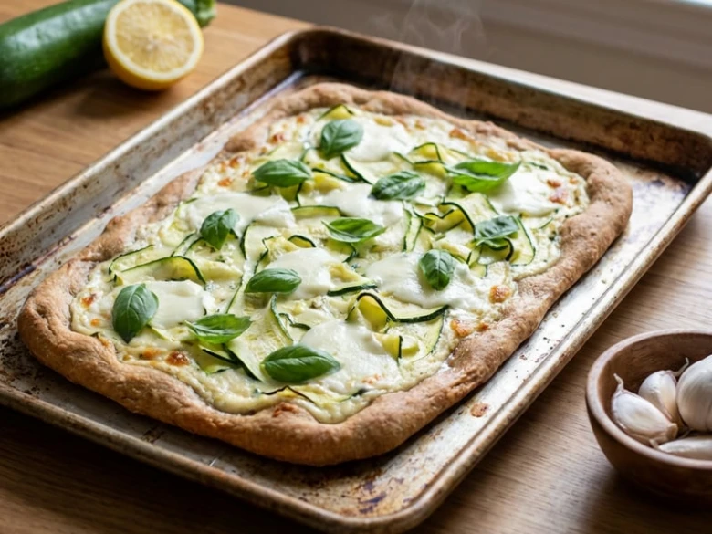 Zeleninová pizza na plechu s cuketou a bazalkou