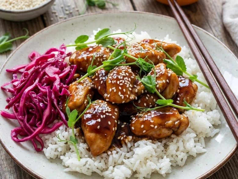 Teriyaki chicken with rice and slaw