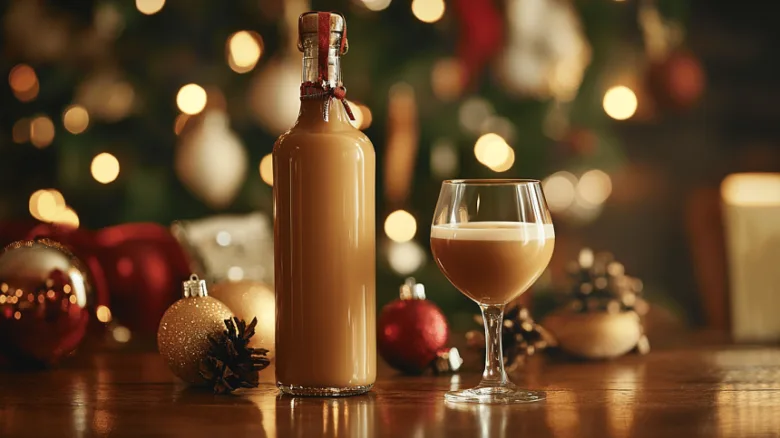 Caramel liqueur bottle and glass