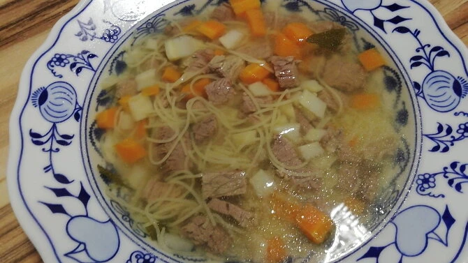 Hot Czech beef soup with noodles, vegetables and pieces of cooked meat.