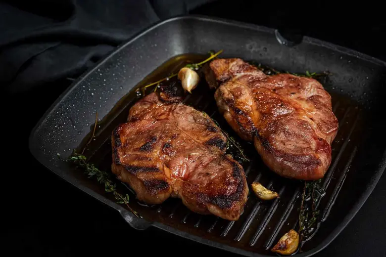 Dva pečené steak z krkovice v pánev s česnekem.