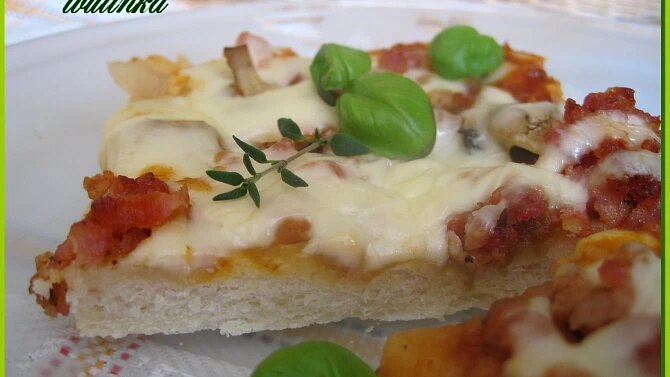 Kousek domácí pizzy s bazalkou na bílém talíři.