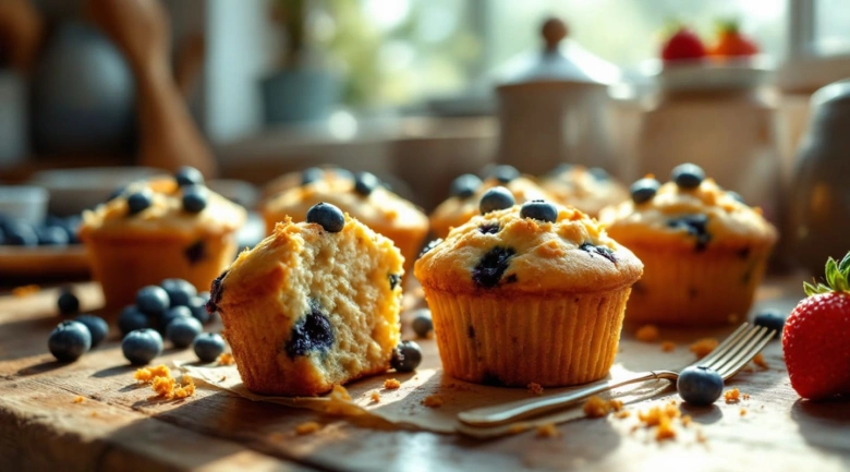 Čerstvé domácí muffiny s borůvkami na dřevěném podkladu.