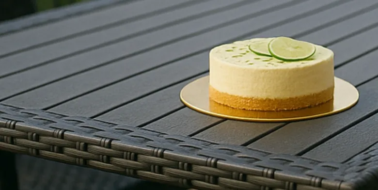 Kousek limetkového nepečeného cheesecaku na zlatovém talíři.