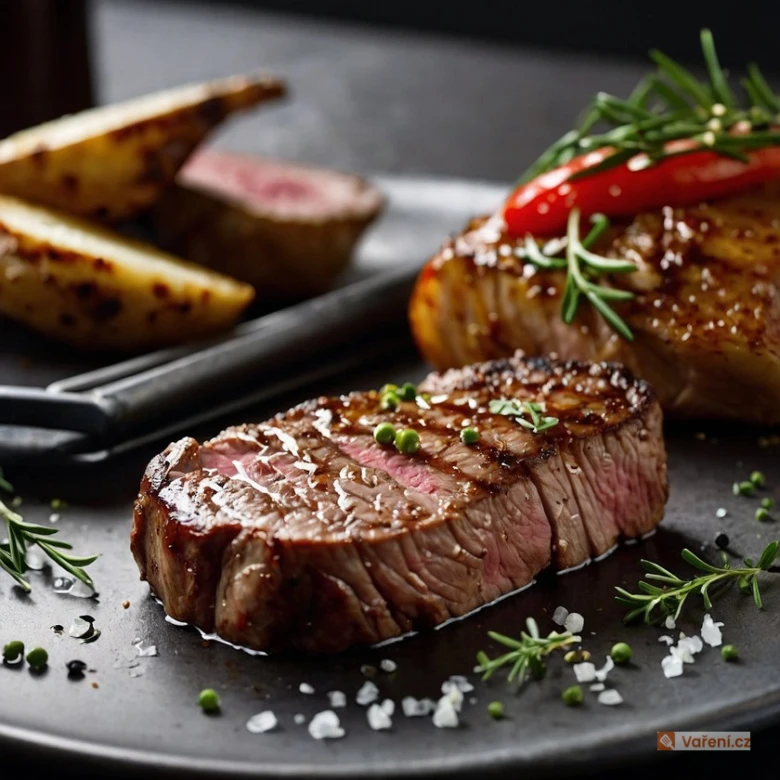 Grilovaný hovězí steak s bylinkami a pečenými bramborami.