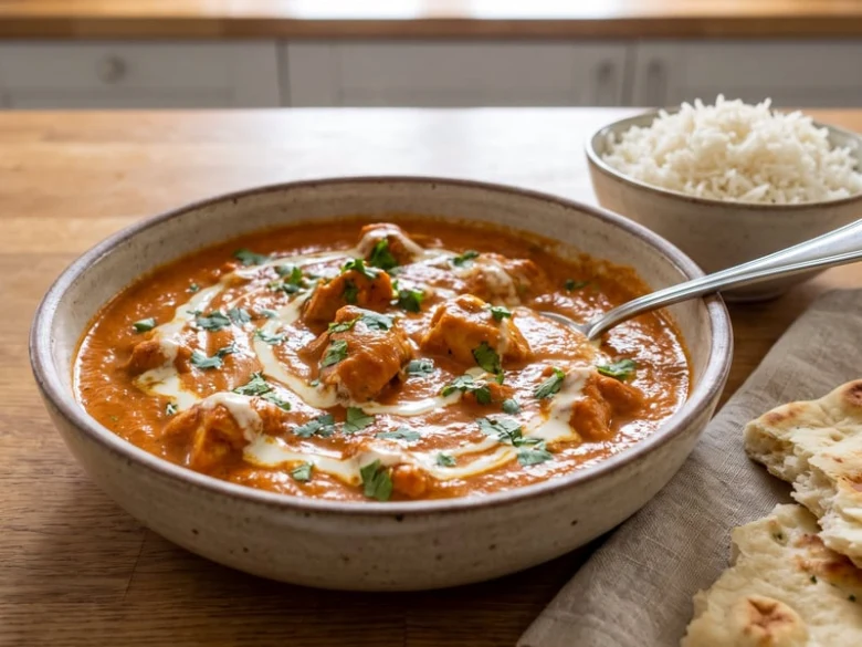 Mísa s indickým butter chickenem podávaná s rýží.