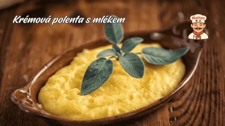 Kremová kukuřičná kaše s čerstvou šalvějí v keramické misce.
