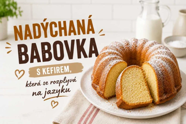 Zlatavá bábovka z kefíru posypaná moučkovým cukrem na talíři.