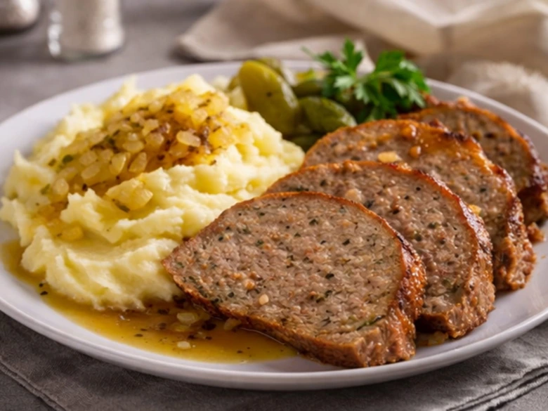Položka s sekanou, bramborovou kaší a okurkami na talíři.