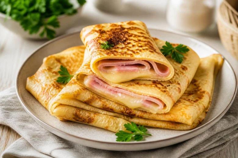 Slané palačinky s uzeným a sýrem na talíři.