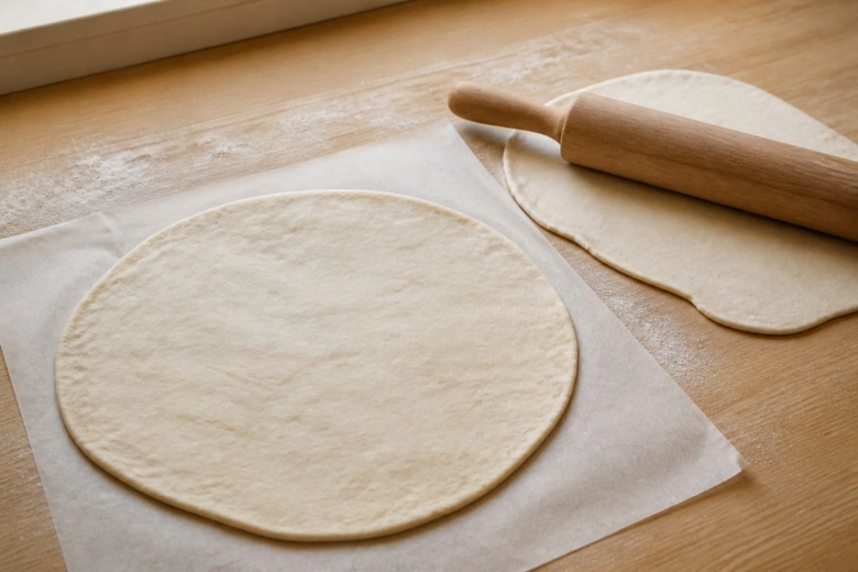 Příprava nekynutého těsta na pizzu válcováním na dřevěné desce.