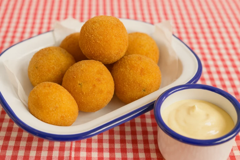 Zlatohnědé smažené bramborové krokety s bílým dipem na talíři.