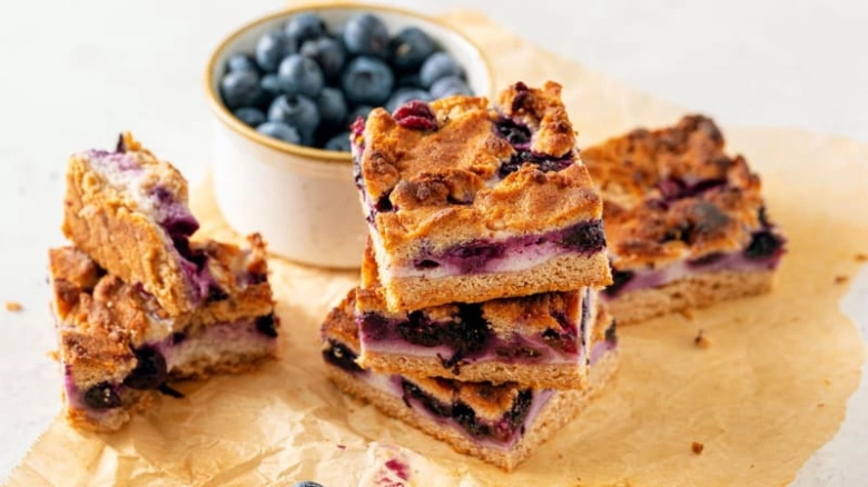 Blueberry bars with berries bowl