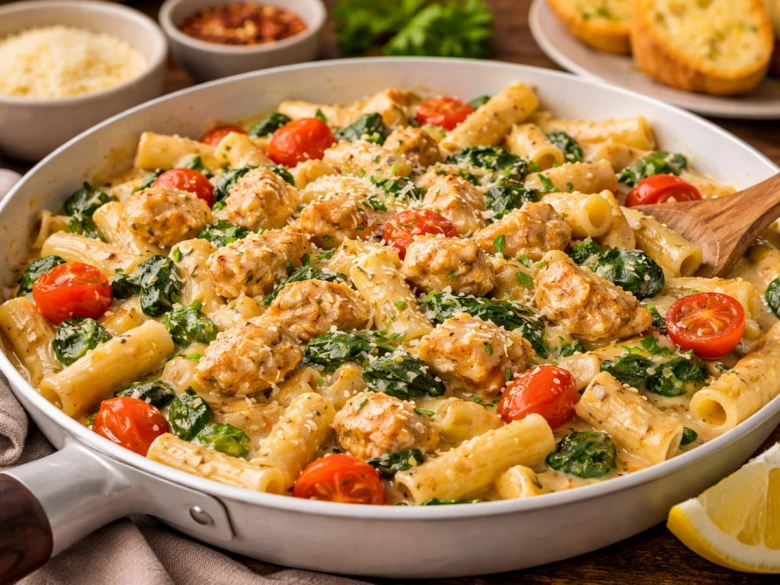 Pasta s kuřecím masem, špenátem a rajčaty v panu.