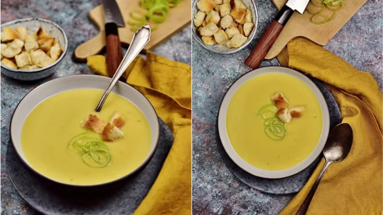 Kremová pórková polévka s chlebíčky a zelenou cibulkou.