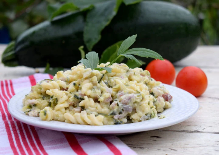 Pasta s cuketou a rajčaty na bílém talíři