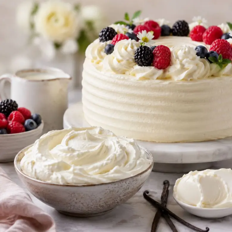 Květový dort s mascarpone, ovocem a šlehanou smetanou.