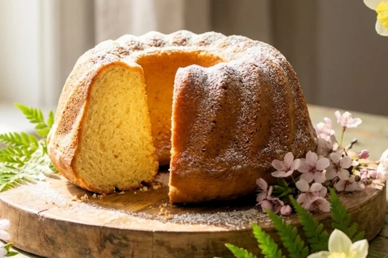 Vláčná bábovka s odseknutým kusem na dřevěném podstavci.