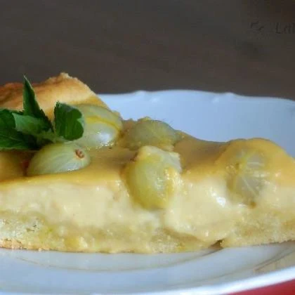 Kousek angreštového koláče s pudinkem na bílém talíři.