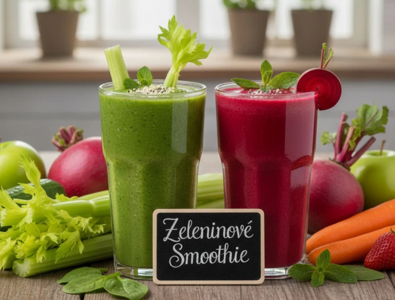 Dva zeleninové smoothie s čerstvou zeleninou jako celer a řepa.
