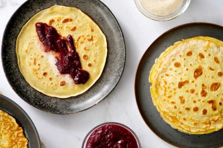 Crepes with jam and sugar