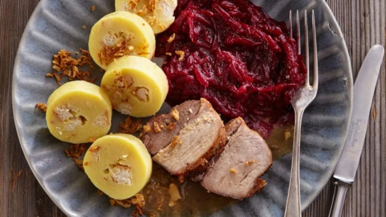 Pork slices, dumplings and red cabbage for Czech New Year.
