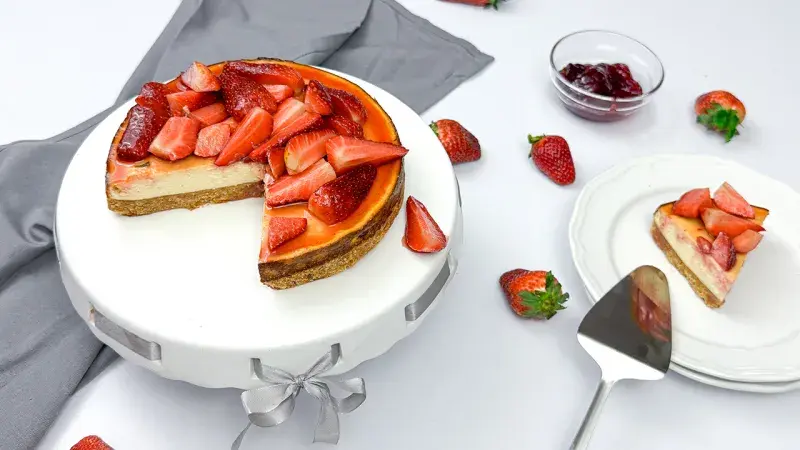 Pečený tvarohový cheesecake s jahodami na bílém podstavci.