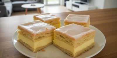 Čtyři čtvercové řezy s tvarohem na listovém těstě.