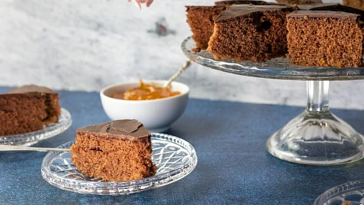 Chocolate cake with jam topping