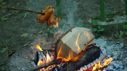 Špekáčky se grilují nad ohněm na venkově.