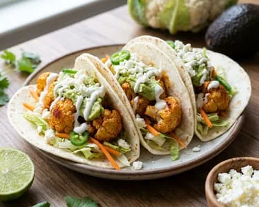 Tři taco s květákem na talíři jako výsledek receptu.