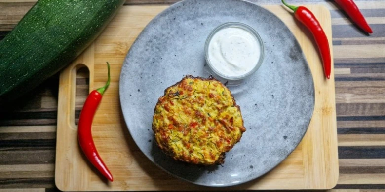 Připravená cuketová placka s dipem na talíři.