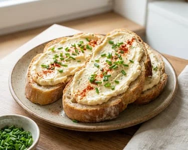 Tři toasty s ricottou, nasekanou cibulkou a pepřem na talíři.